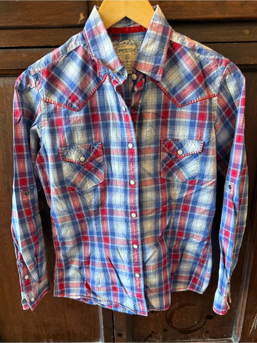Panhandle Red White Blue Plaid Pearl Snap Shirt Size S